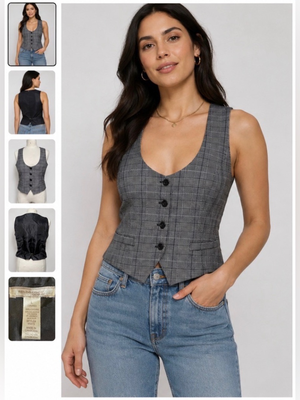 Ambiance Apparel Women's Gray Plaid Button Front Vest
Size Large L Career Work